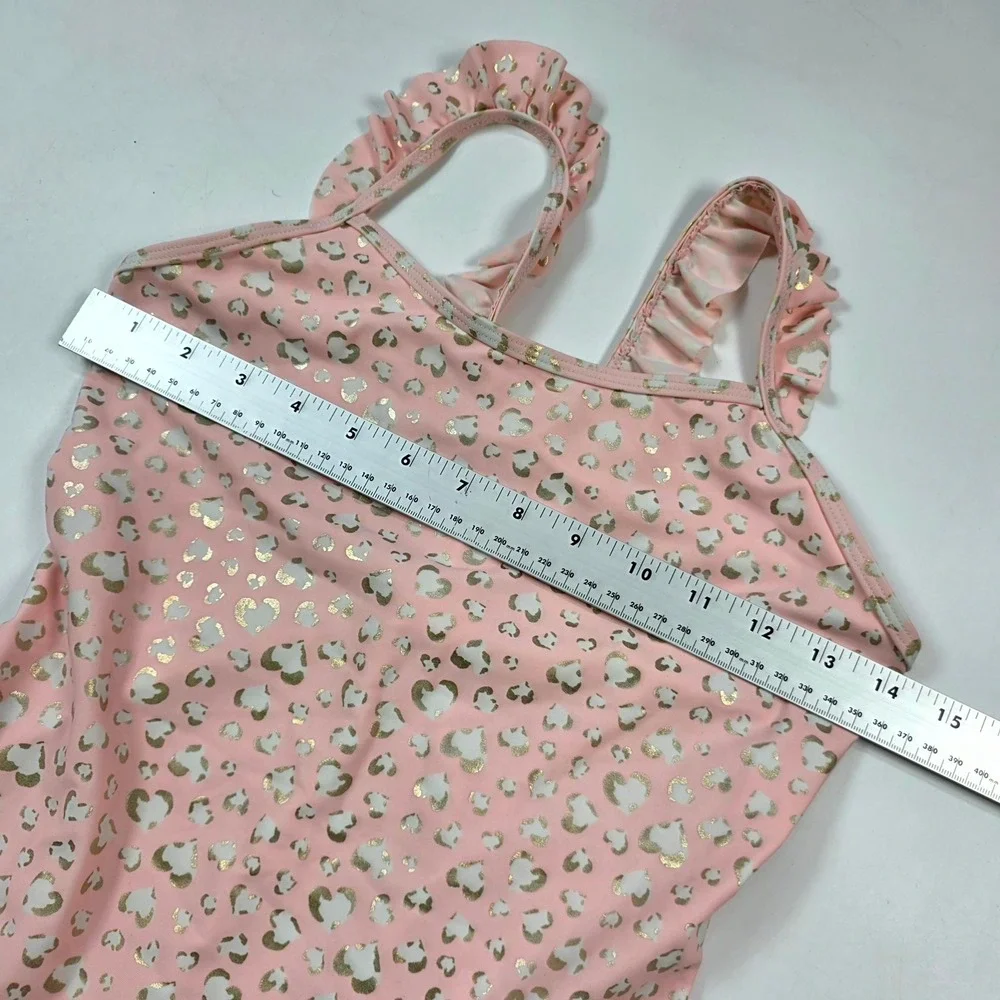 Sunuva One Piece Swimsuit Girls 13-14 Pink Metallic Gold Leopard Heart Ruffle